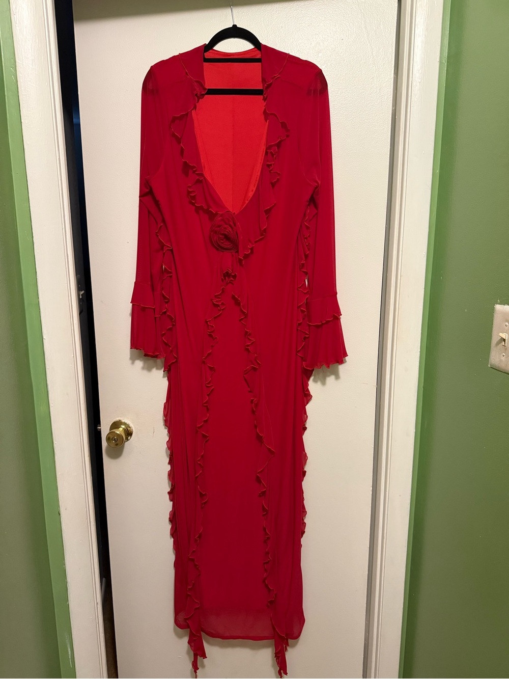 SHEIN Red Ruffle Maxi Dress with Rosette Detail